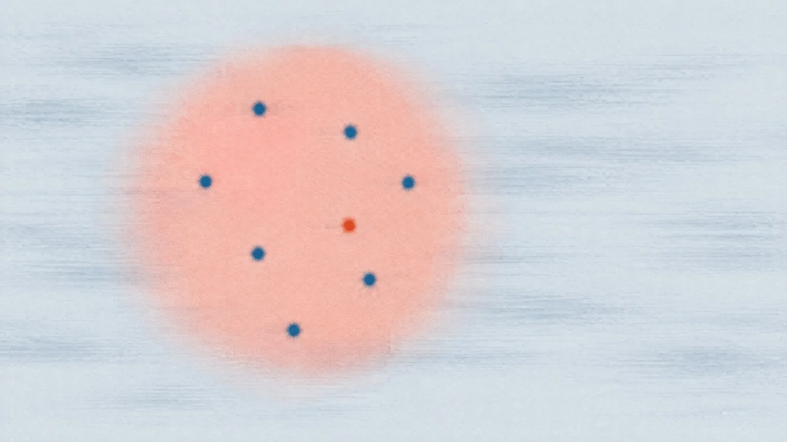 Abstract cover illustration for whether porridge is good for you: a large soft pink circle holding small blue dots and one orange dot, on a pale grey ground.