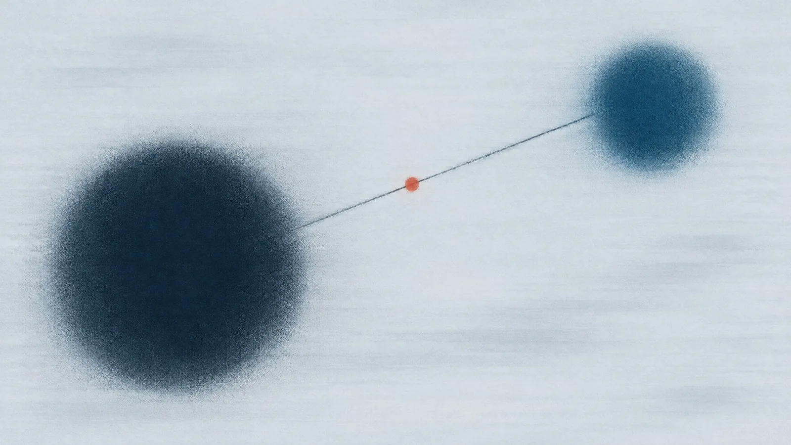 Abstract cover illustration for low testosterone and weight gain in men: a dark navy circle and a smaller blue circle joined by a thin line with an orange dot at its midpoint.