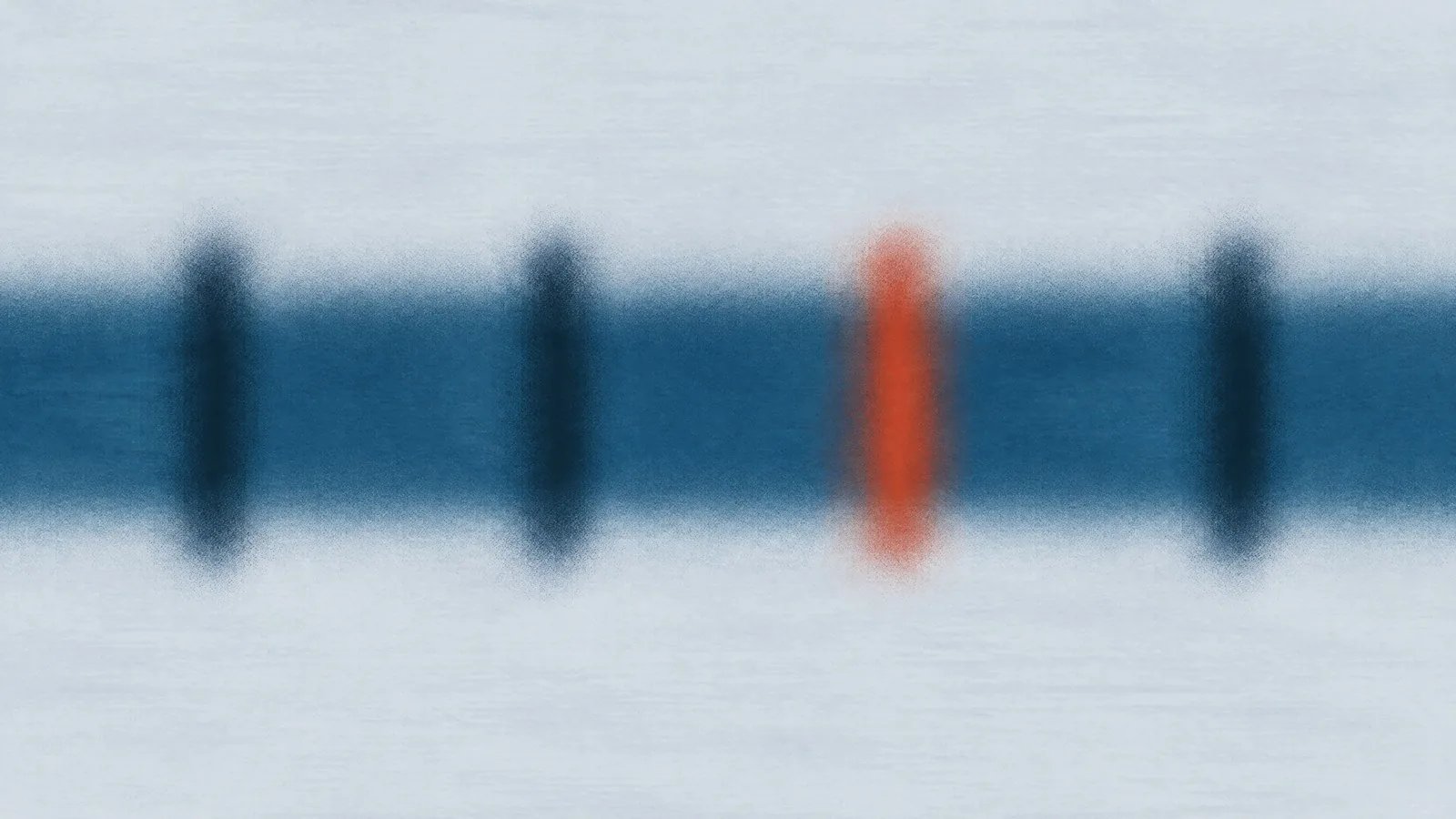 Abstract cover illustration for GLP-1 dosing for men: a soft blue band crossed by four evenly spaced dark marks, one of them orange.