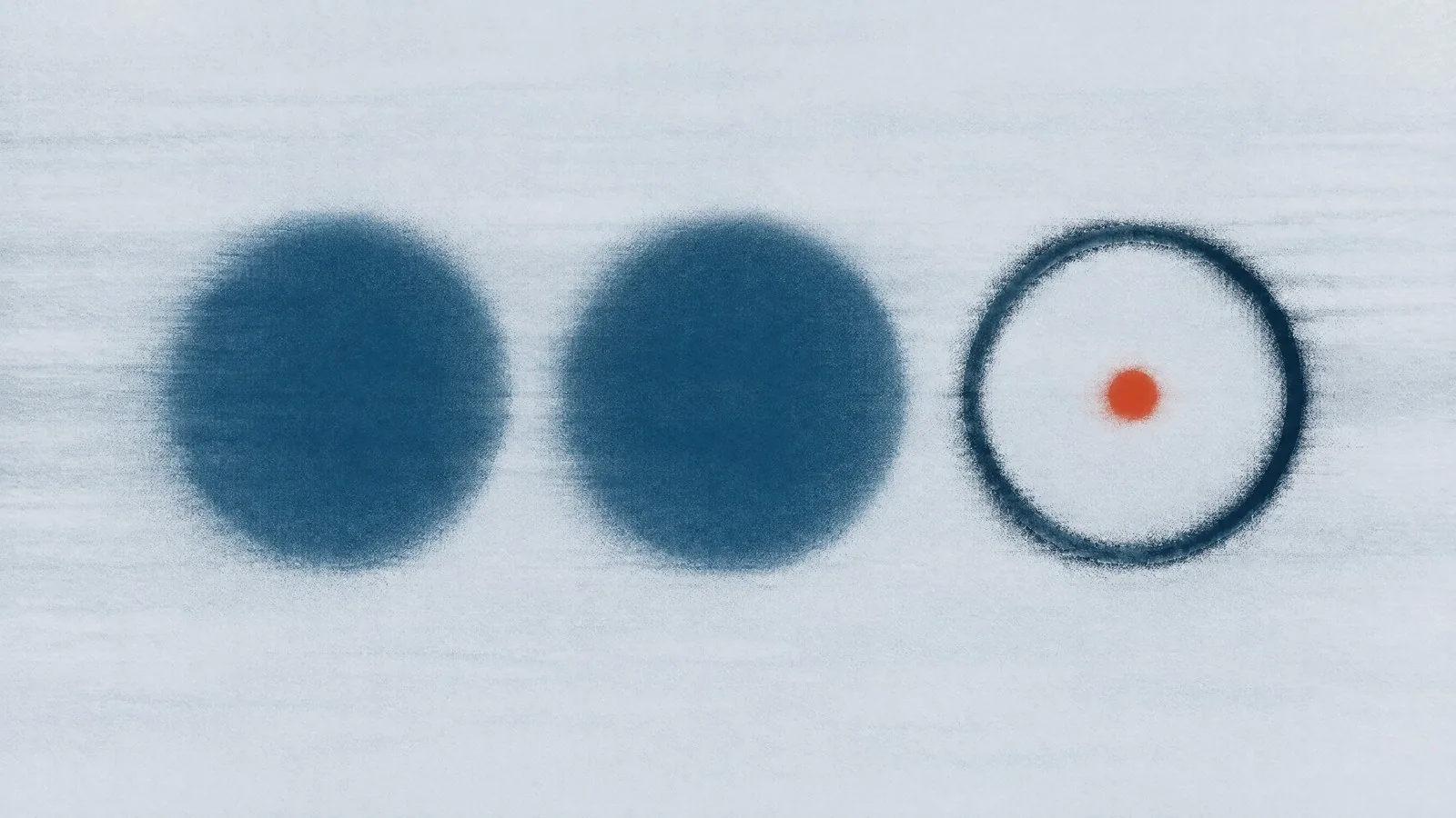 Abstract cover illustration for retatrutide Phase 3 trials: two soft blue circles and one empty dark ring holding an orange dot, in a row on a pale grey ground.