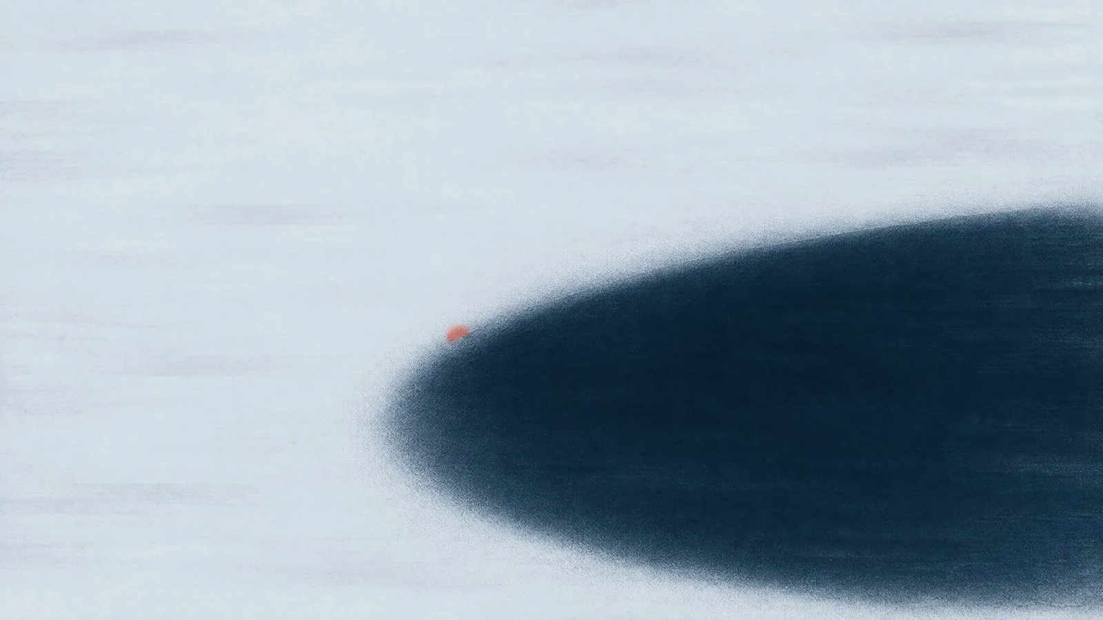Abstract cover illustration for silent liver disease (MASLD) signs: a large dark navy ellipse with a tiny orange dot at its edge, under a wide empty pale field.