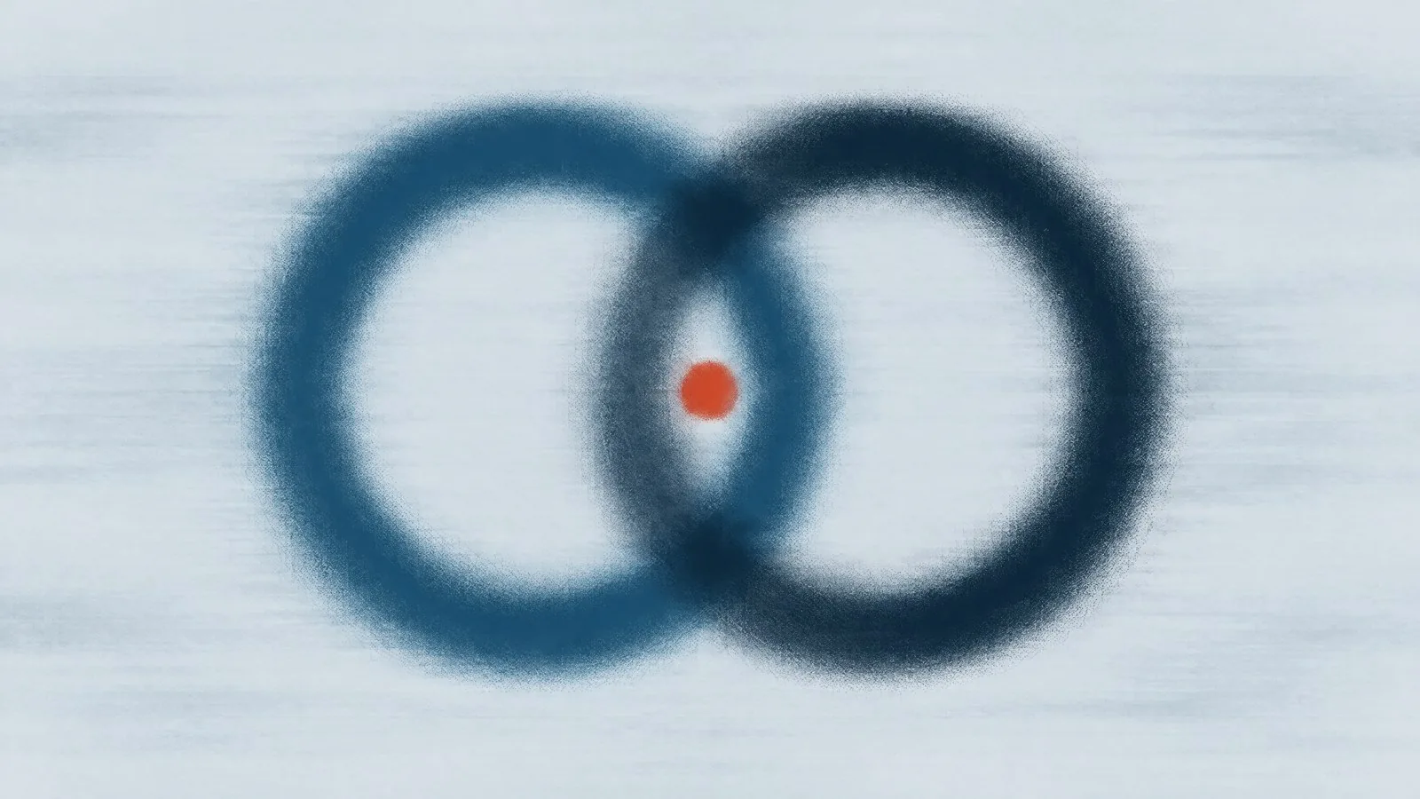 Abstract cover illustration for the Wegovy pill for men: two overlapping soft rings, blue and dark navy, with an orange dot in the overlap.