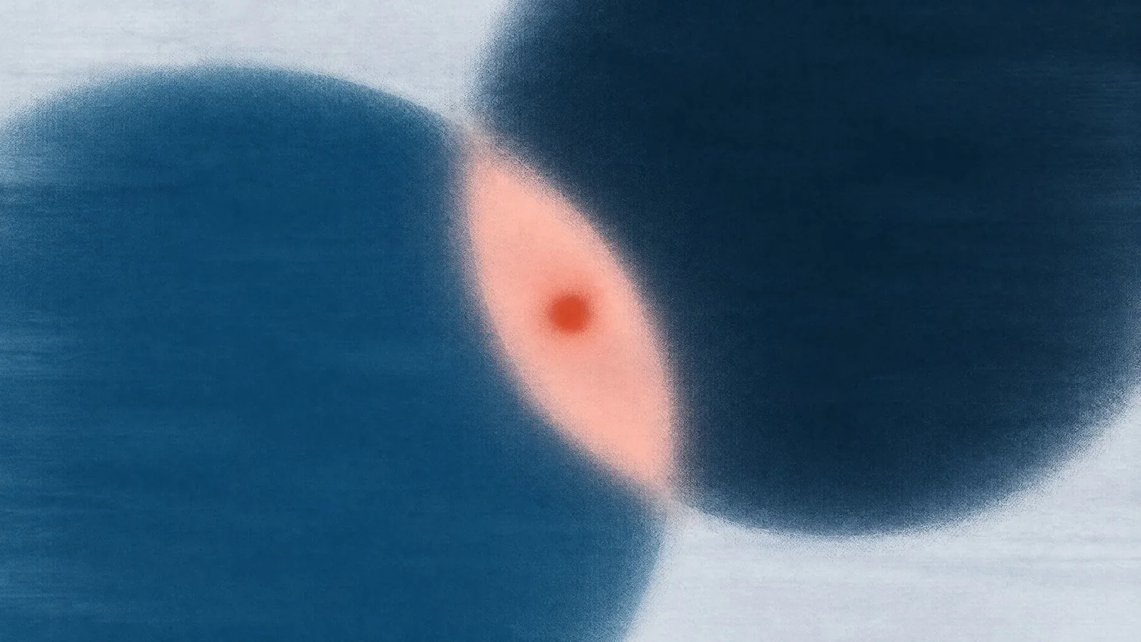 Abstract cover illustration for what Mounjaro is: two large overlapping circles, blue and dark navy, with a pale pink lens and an orange dot where they meet.